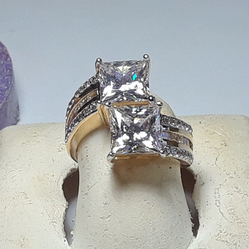2.50cttw Dual Princess Cut CZ & Round Offset Sterling Silver/14Kt Ring #17654